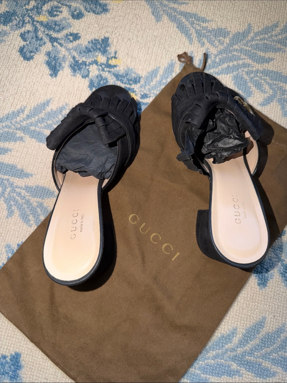Gucci Black Suede GG Marmont Fringe Mules Block Heel Sandals 38 - Picture 5 of 10